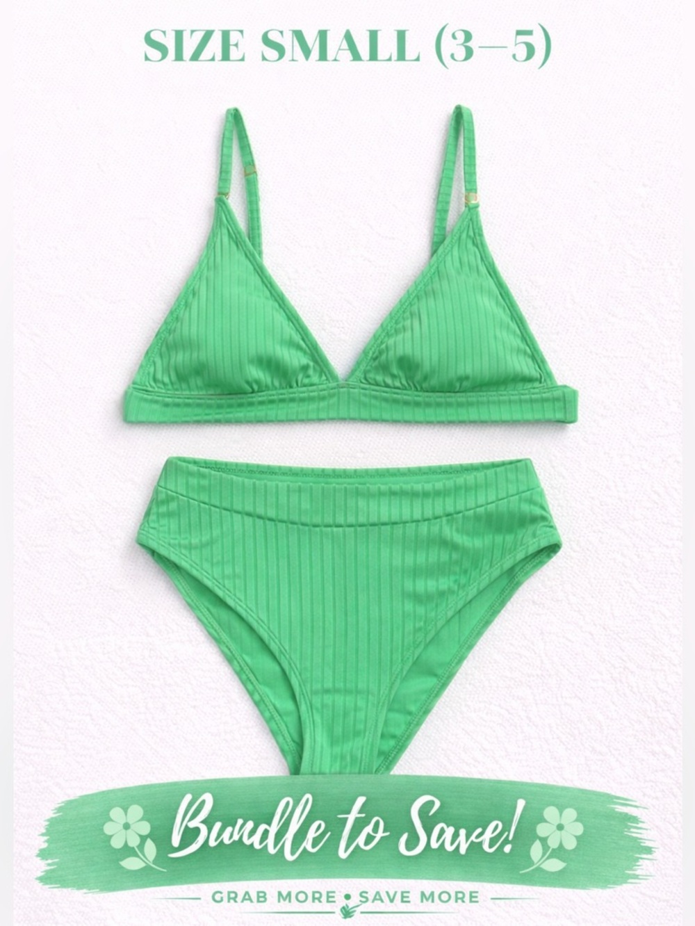 Green Ribbed Bikini Set Size Small (3-5) Triangle Top High Cut Bottom